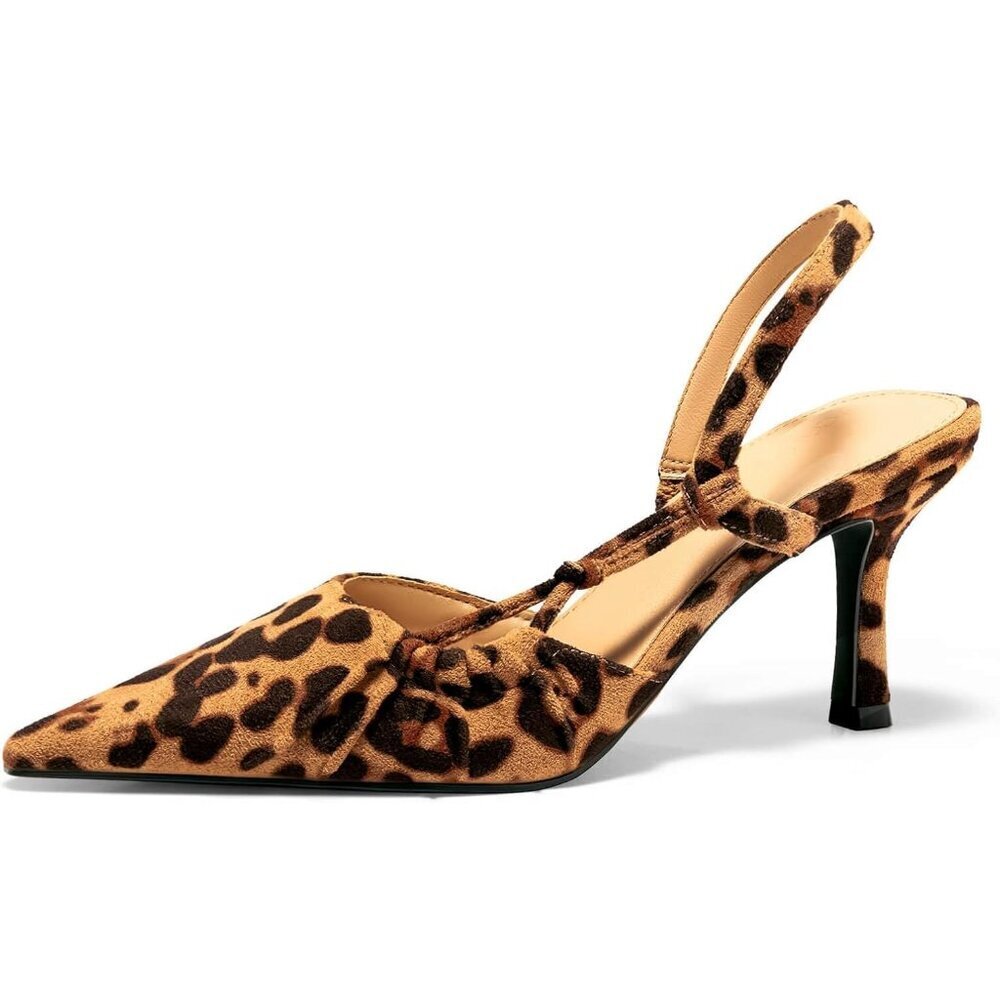 Women's Leopard Slingback Kitten Heel Closed Pointed Toe Pumps Party Dress Shoes